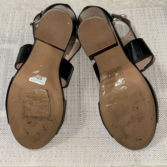 PRIMARK Black Pebbled Leather Gold Tone Buckle Brown Stacked Block Heel Sandals - Picture 9 of 12